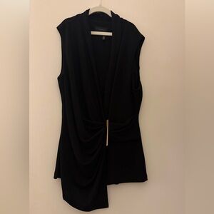 Donna Karan Black Draped V-Neck Top with Gold Tag Detail